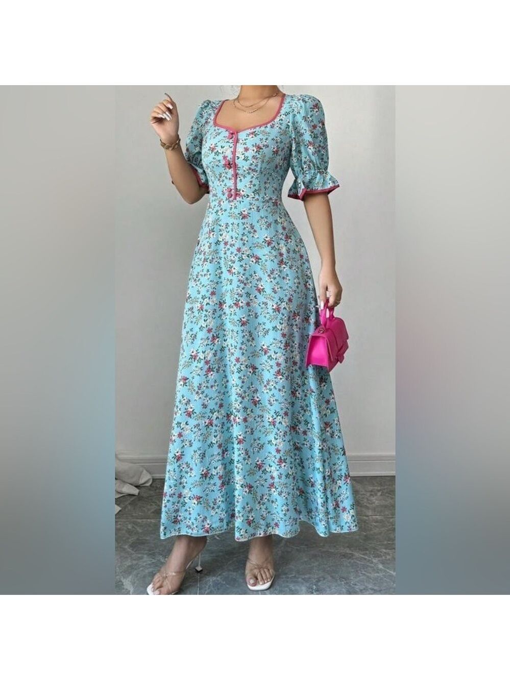 Floral Print Blue Maxi Dress with Button Trim